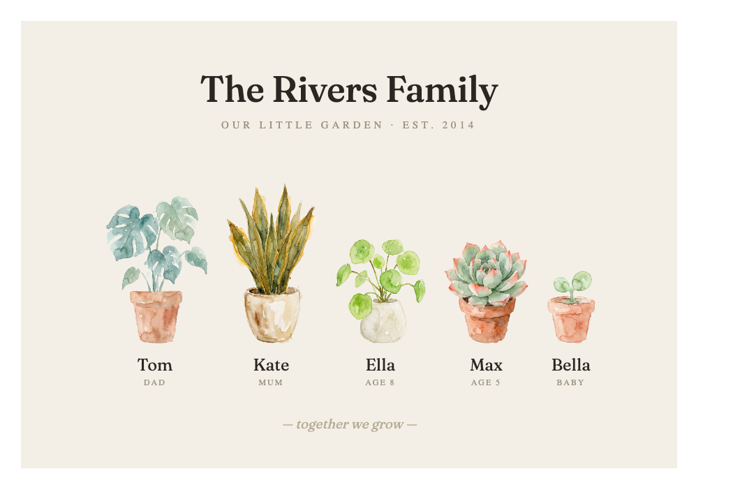 Example print: The Rivers Family, five house plants of different sizes on a shelf